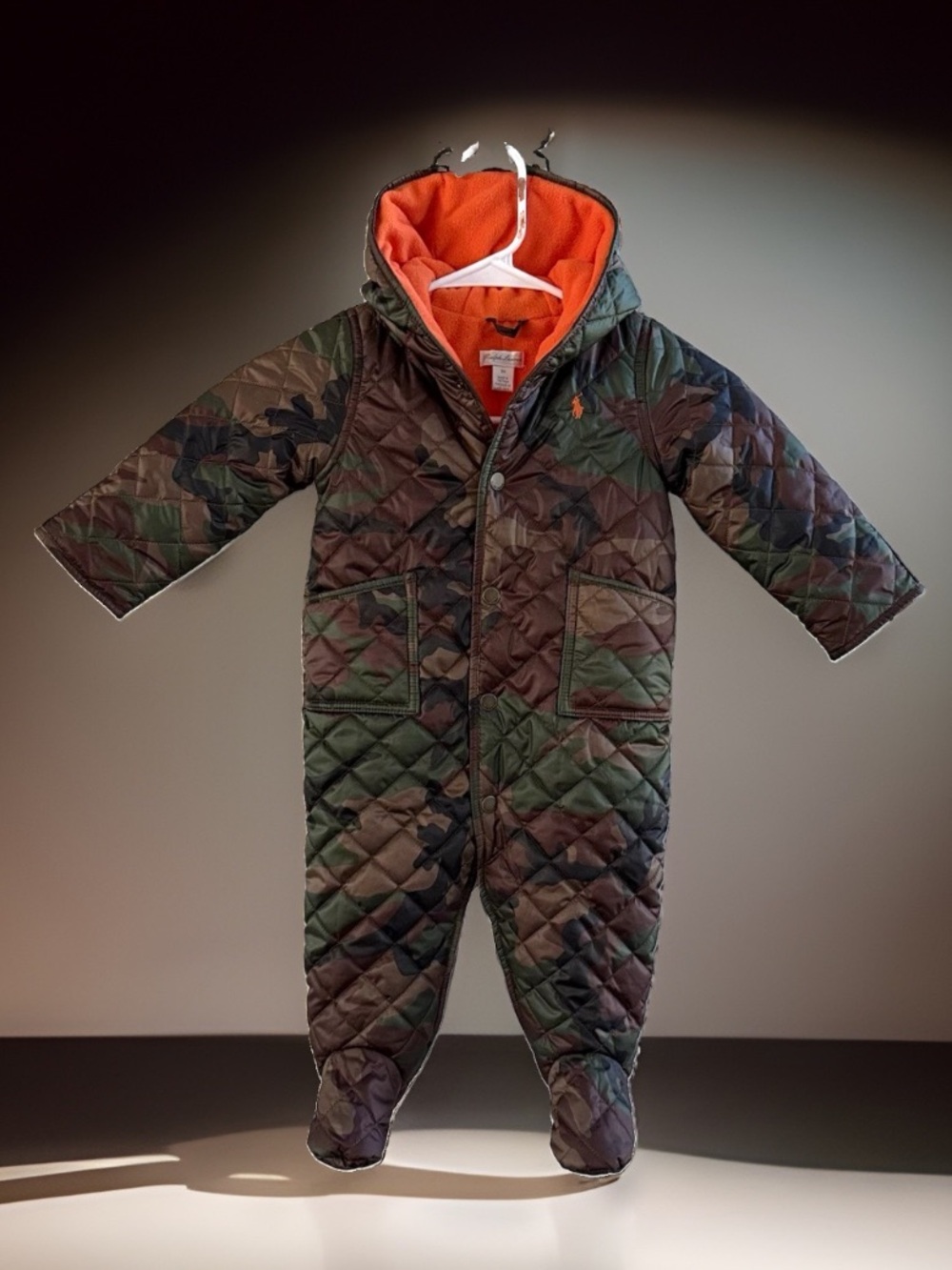 Polo Ralph Lauren Baby 9M Camo Quilted Footed Bunting Snowsuit Orange Fleece